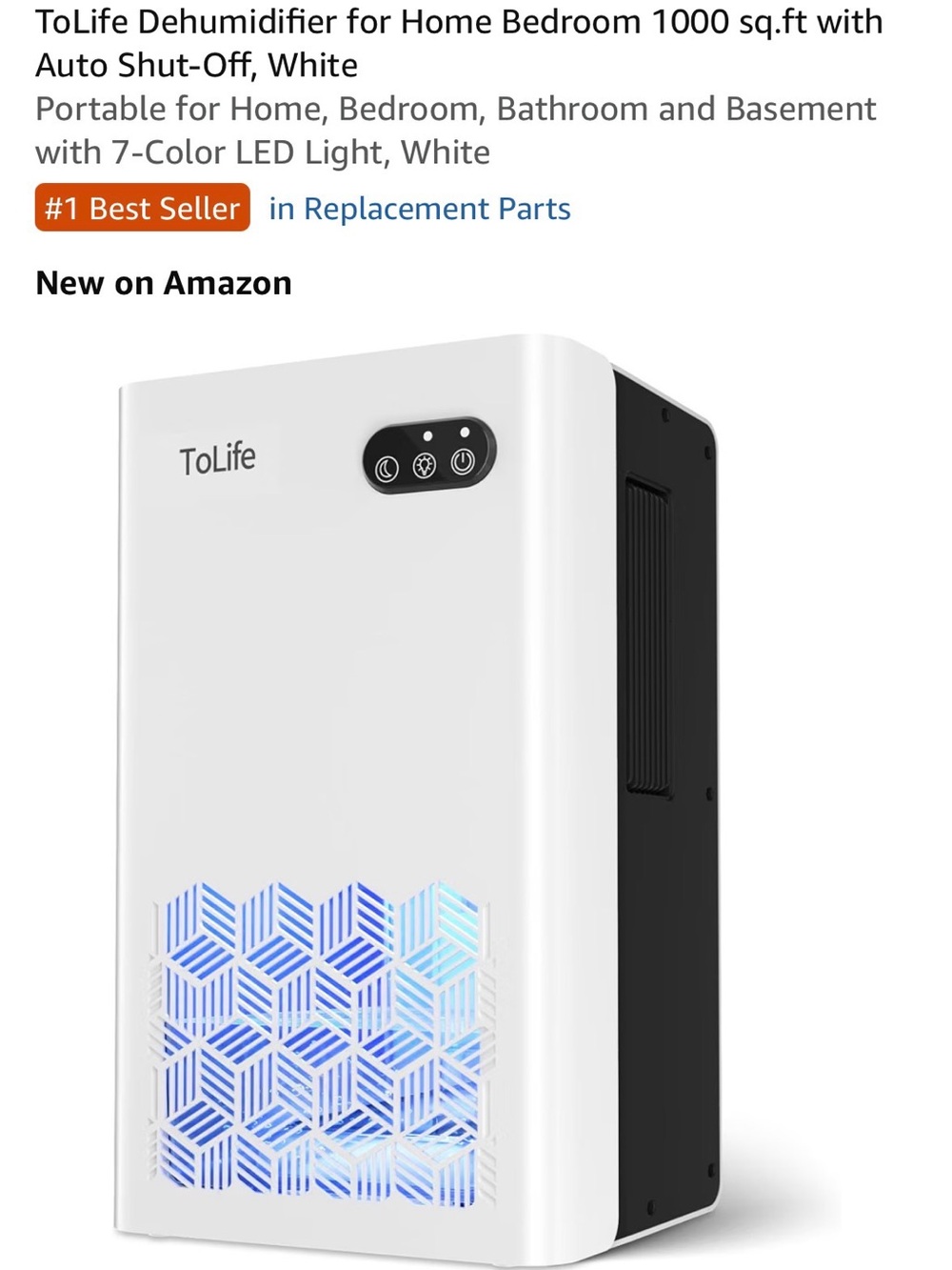 ToLife White Portable Dehumidifier with LED Accent